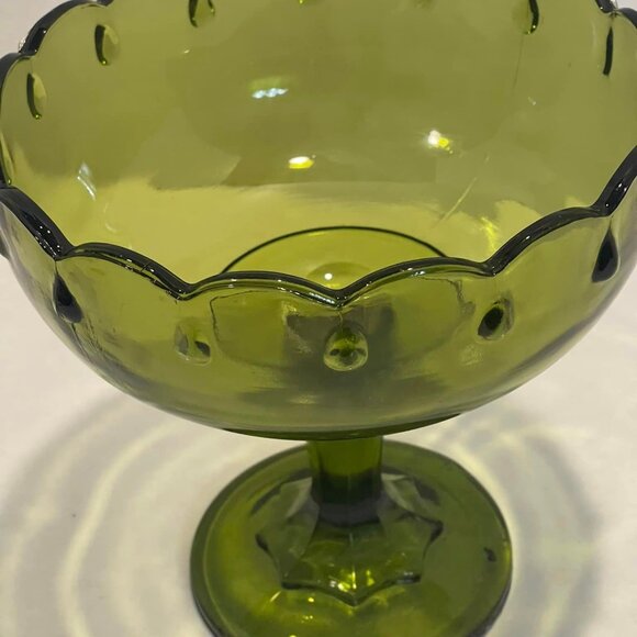 Indiana Glass "Teardrop Pattern" Scalloped Rim Frosted Green Footed Bowl Vintage - Picture 2 of 6
